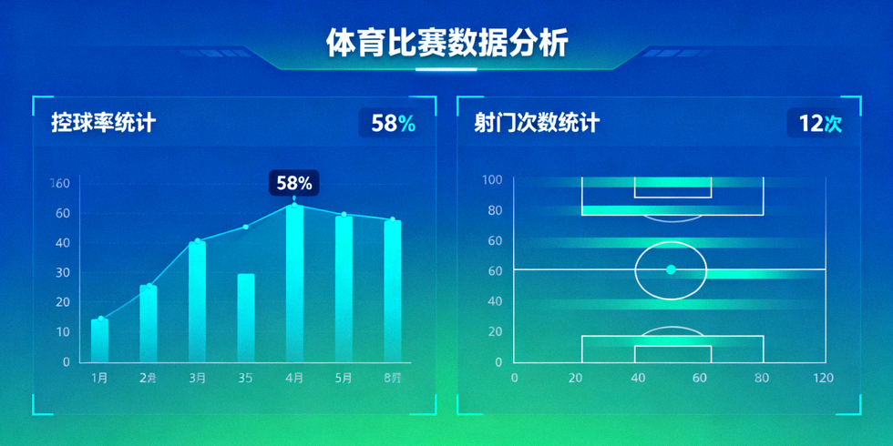 体育数据分析界面，展示控球率与射门统计图表